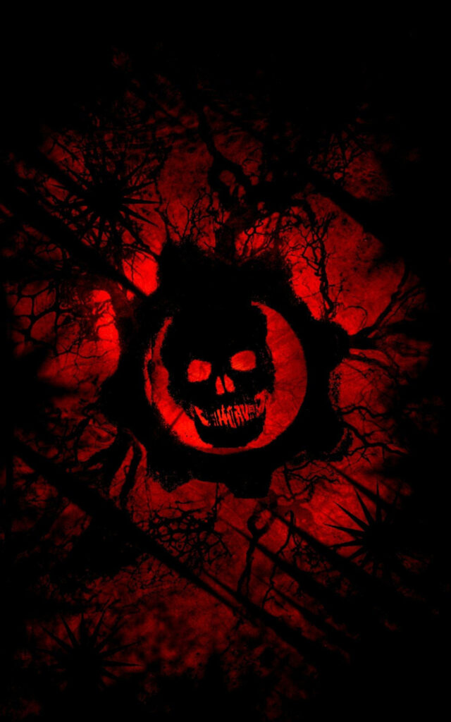 Eerie Gears 5 Phone Emblem Against Sinister Crimson Abstract Backdrop Wallpaper