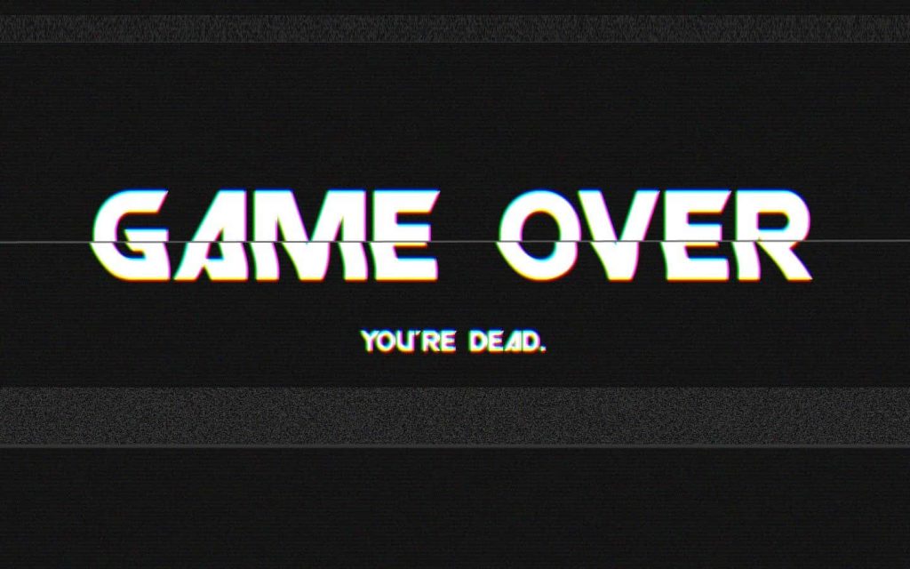 Dark Game Over wallpaper with white glitch text and retro scanline arcade background design