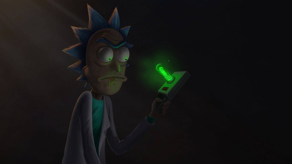 Dark Rick Sanchez digital wallpaper with glowing green portal gun and moody high-contrast lighting