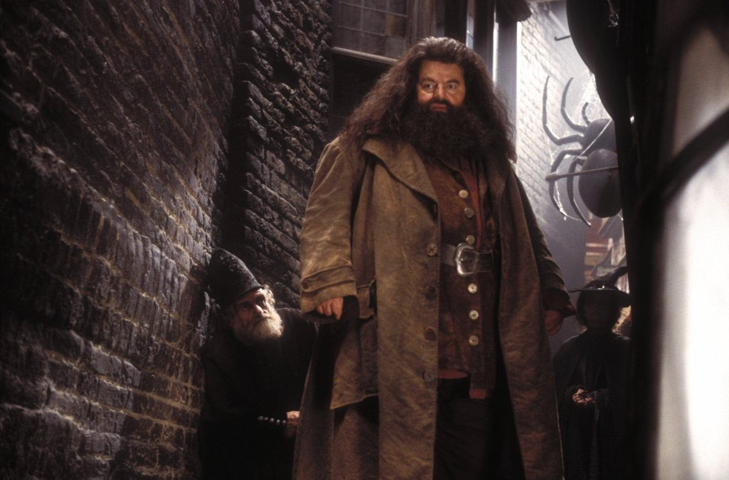 Rubeus Hagrid in iconic coat walking dimly lit Knockturn Alley moody Harry Potter wallpaper