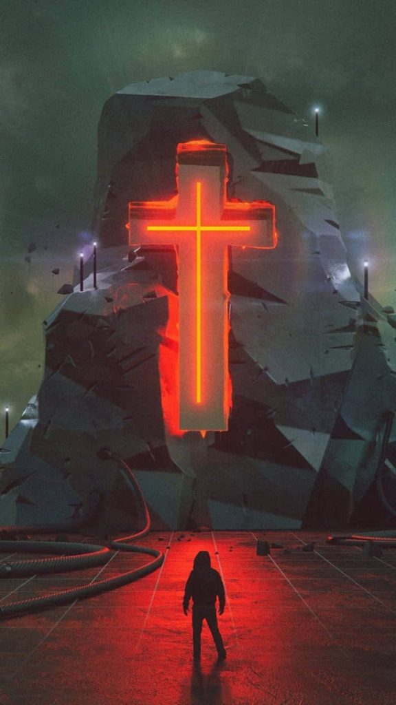 Dark sci-fi wallpaper with lone silhouette and glowing neon red cross on stone formation