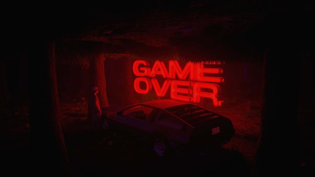 Dark digital art wallpaper of DeLorean DMC-12 in red-lit forest with glowing game over sign