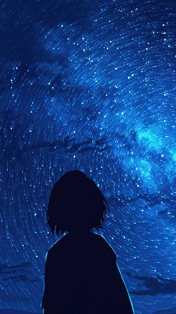 Dark anime silhouette with swirling blue starry sky cosmic trails digital wallpaper background