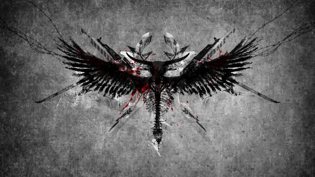 Dark abstract skeletal winged creature emblem with antlers and rifle barrels on concrete background Wallpaper