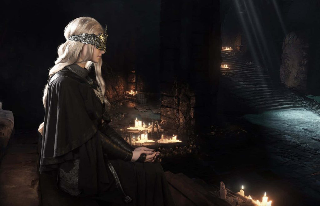 Dark Souls III Fire Keeper blindfolded in candlelit stone chamber 3D wallpaper background