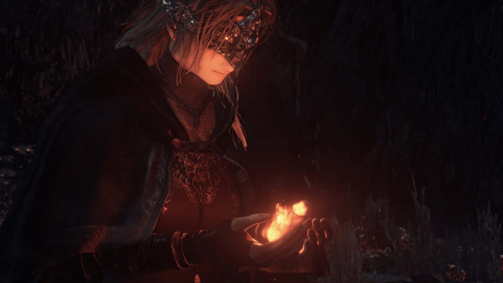 Fire Keeper from Dark Souls III holding glowing flame in dark moody cinematic fantasy wallpaper