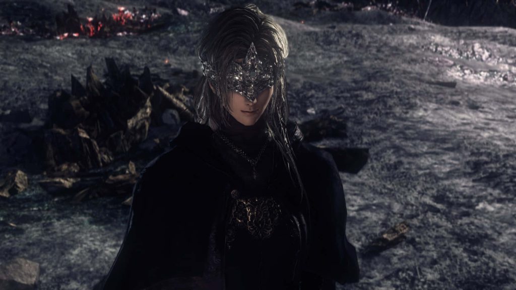 Dark Souls III Fire Keeper in silver blindfold and robes with fiery ashen landscape background Wallpaper
