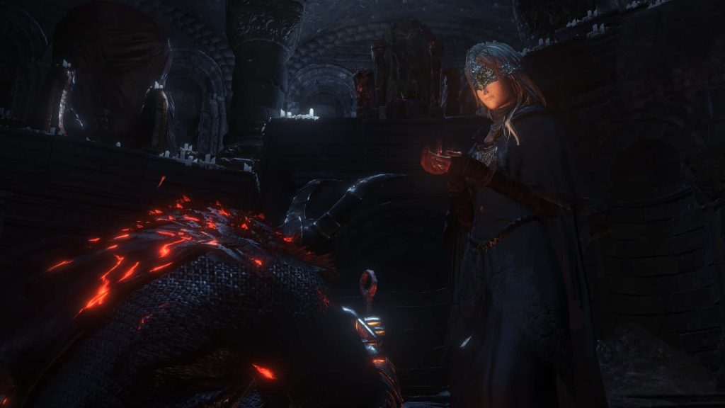 Dark Souls III Fire Keeper by flickering flame in Firelink Shrine with armored red ember figure background Wallpaper