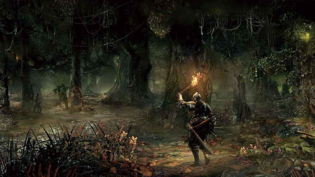 Knight in plate armor exploring misty forest with torchlight dark souls fantasy wallpaper background