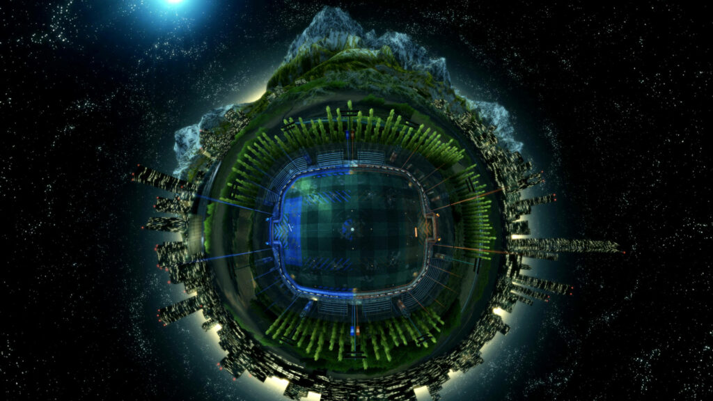 Awe-Inspiring Galactic Arena: Massive Rocket League Soccer Stadium in Futuristic Dark Space Wallpaper