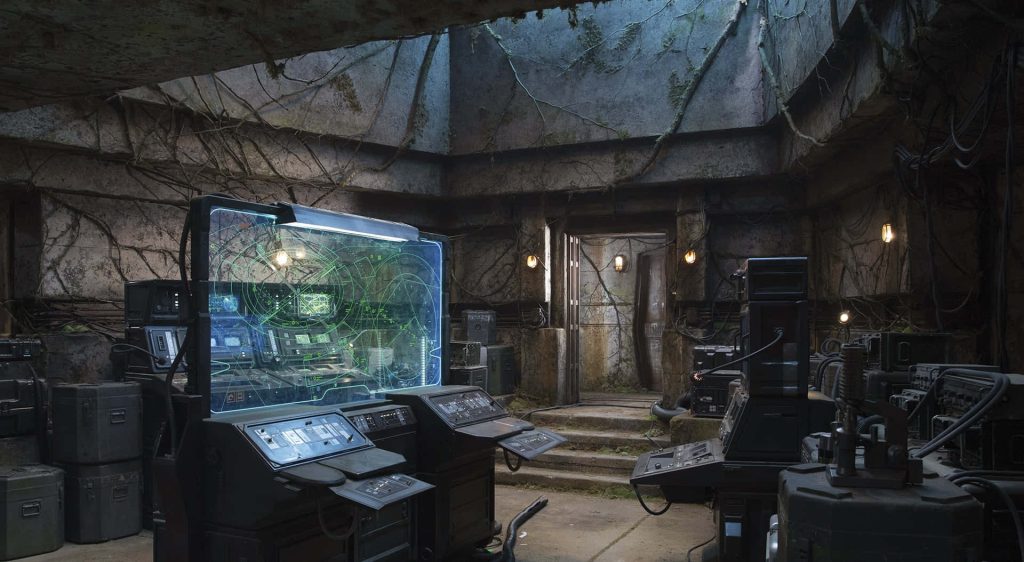 Dark Star Wars jungle base wallpaper with glowing holograms and overgrown stone walls