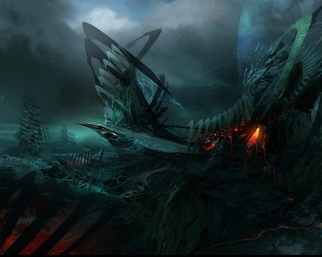 Surreal Dark Landscape Wallpaper with Jagged Structures & Fire