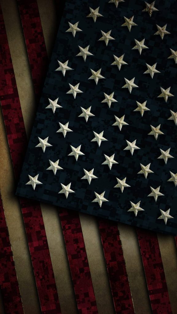 Dark American flag iPhone wallpaper with rugged digital camo and muted patriotic colors