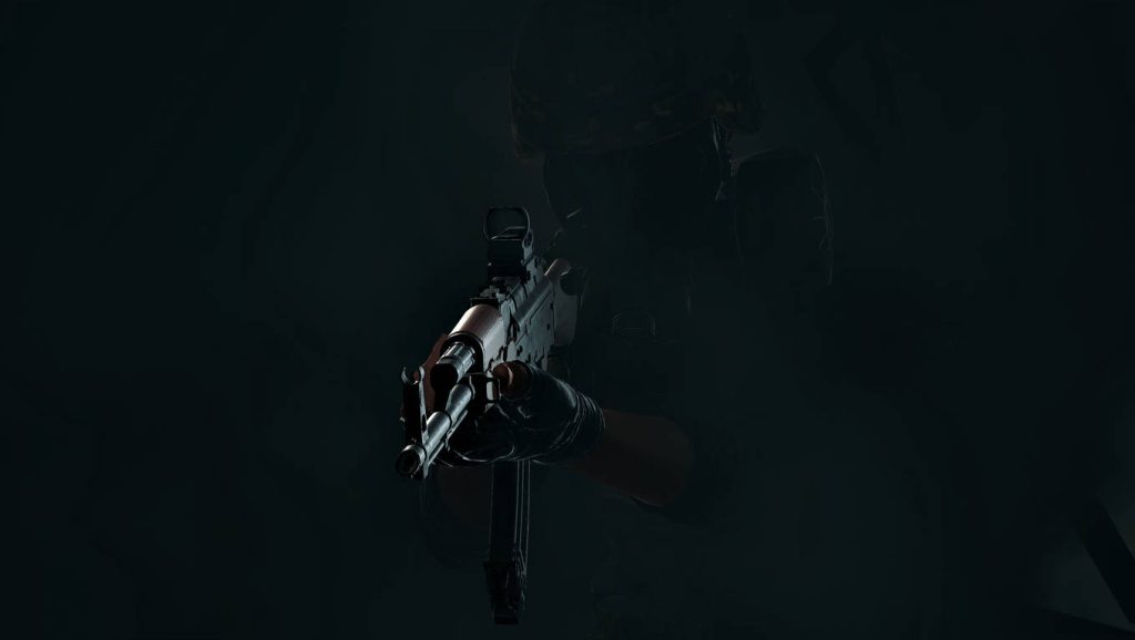 Dark military soldier with assault rifle in shadow cinematic low-key tactical wallpaper background