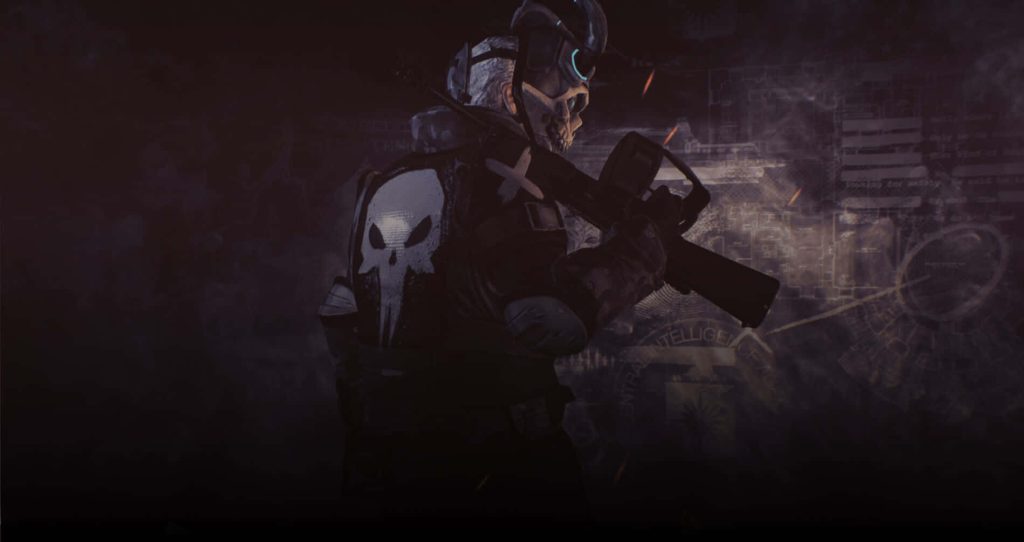 Tactical operative with Punisher skull rifle CIA seal dark gritty military intelligence wallpaper