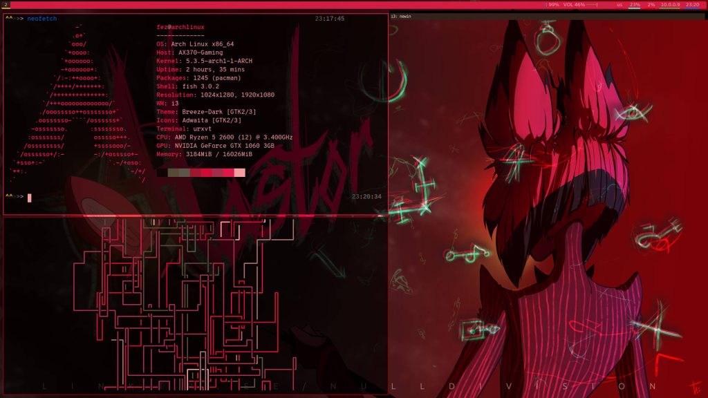 Dark tech wallpaper split-screen Arch Linux neofetch and glowing neon Alastor Hazbin Hotel