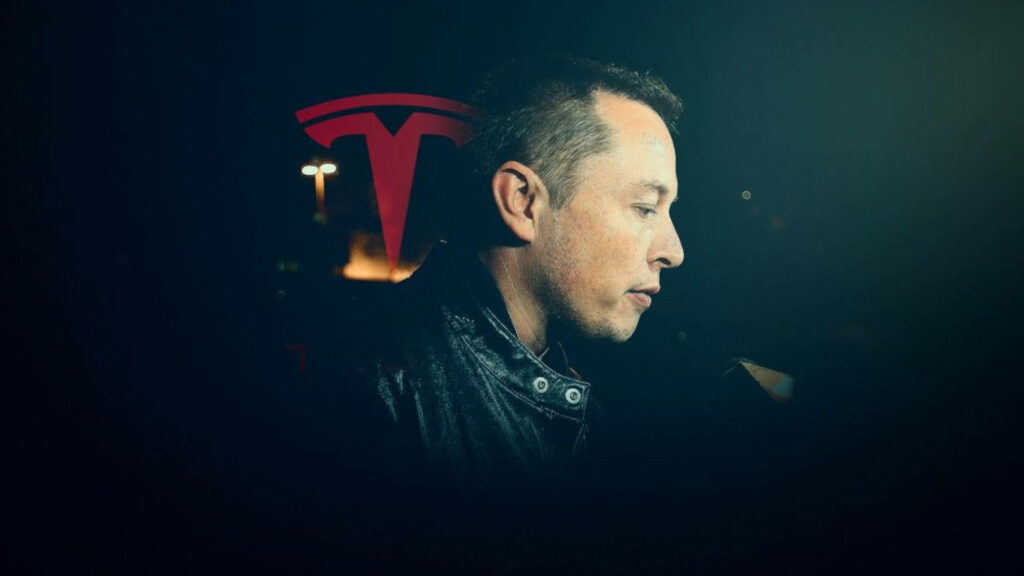 Dark Elon Musk Portrait Wallpaper with Tesla Logo - Sleek Ambiance