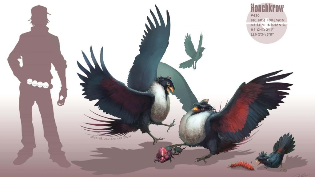 Realistic biological concept art of multiple Dark-type Honchkrow in scientific poses with trainer silhouette Wallpaper