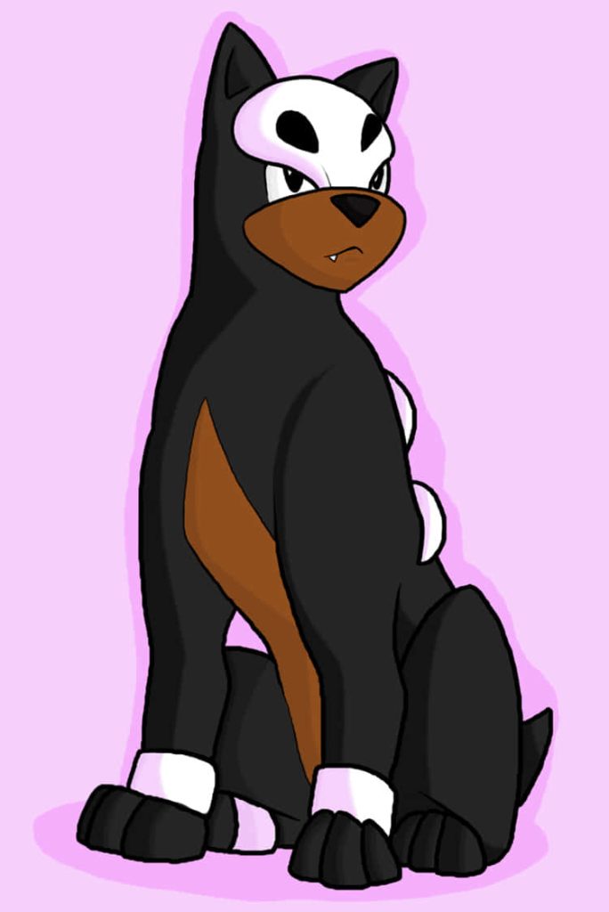 Dark-type Pokémon Houndour sitting anime-style on vibrant pink background phone wallpaper