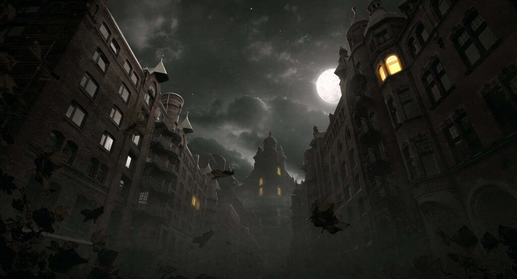 Nighttime Urban Cityscape Wallpaper: Eerie Moonlit Atmosphere