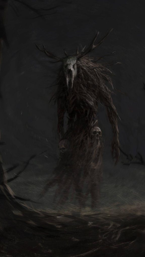 Dark Wendigo monster with antlered skull mask and shadowy form gothic phone wallpaper