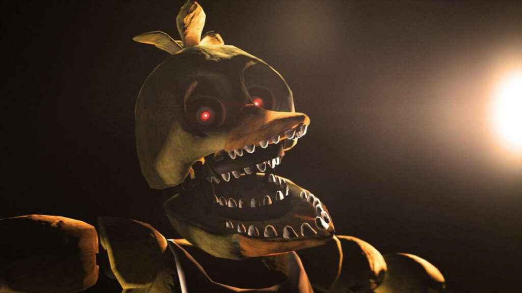 Dark Withered Chica from FNAF with cracked animatronic skin and glowing red eyes wallpaper