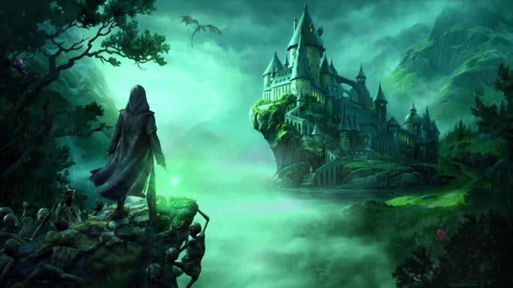 Dark wizard on cliff commands skeletons under green sky with dragon and Hogwarts silhouette wallpaper