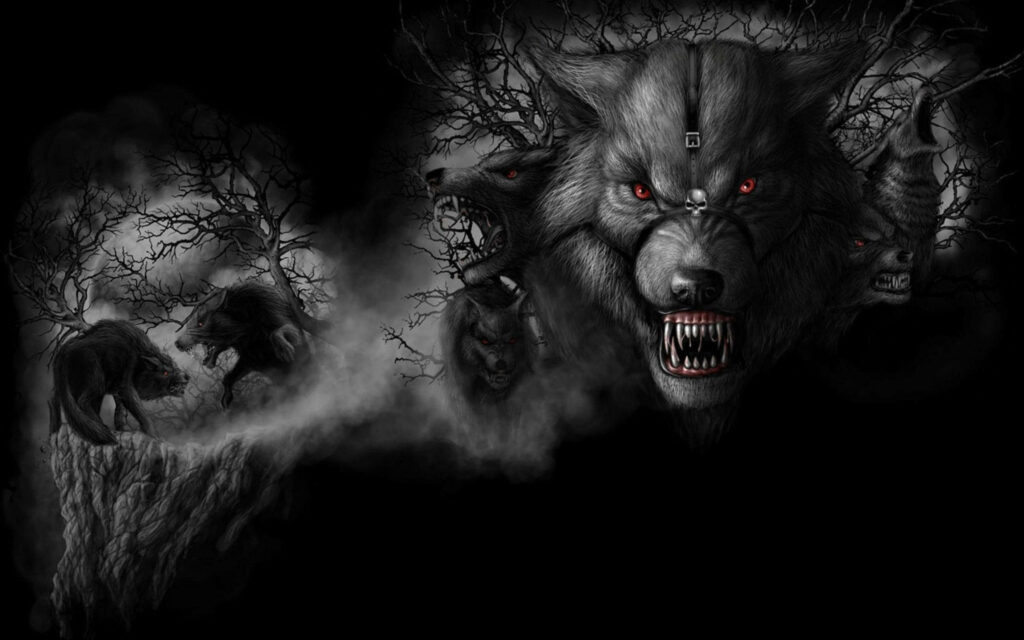Dark Wolf Wallpaper: Intense Scene with Ominous Glow & Shadows