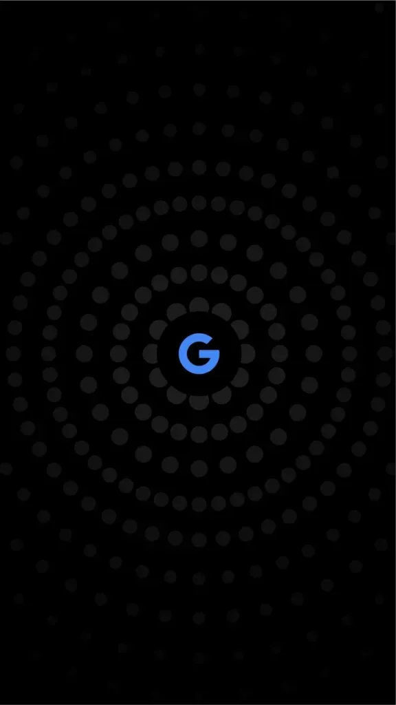 Sleek Google Pixel wallpaper with blue G logo and concentric dotted rings on black background