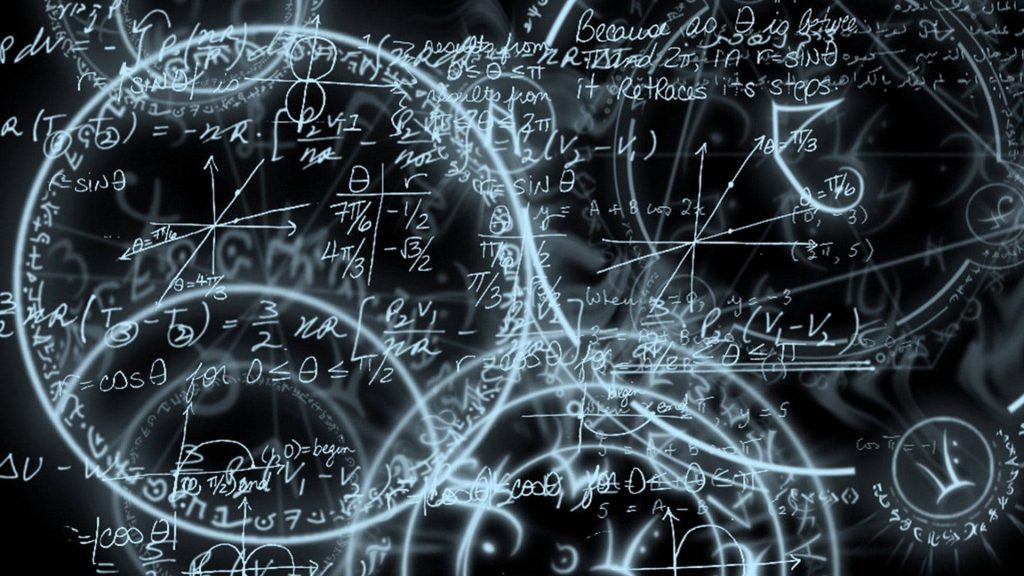 Dark-themed wallpaper with glowing math physics equations and trigonometric graphs background