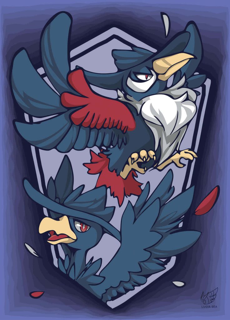 Dark-type Pokémon Honchkrow and Murkrow digital fanart with purple shield background wallpaper