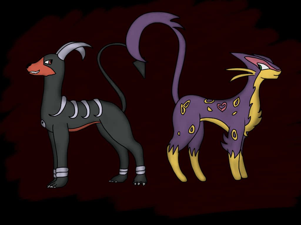Dark-type Pokémon Houndoom and Liepard side-by-side with moody maroon background wallpaper
