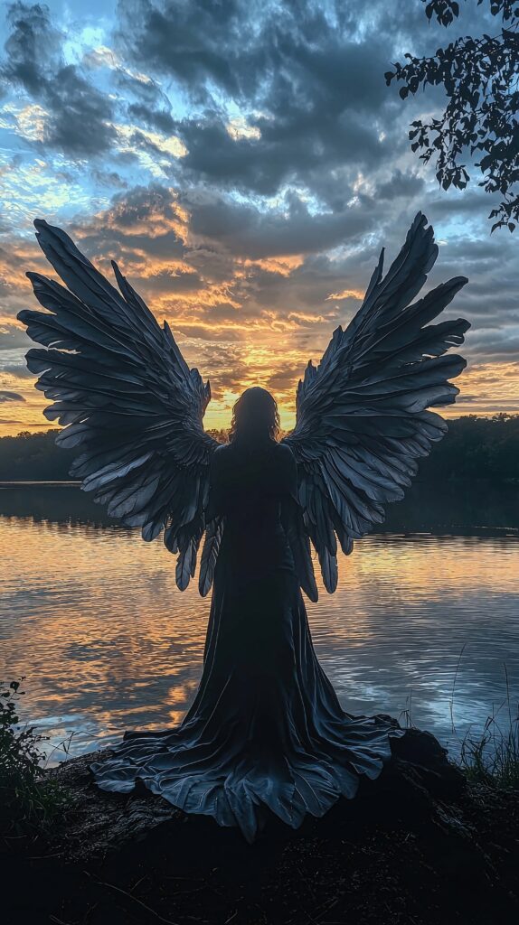 Dark-winged angel silhouette by serene lake at sunset with dramatic swirling clouds wallpaper