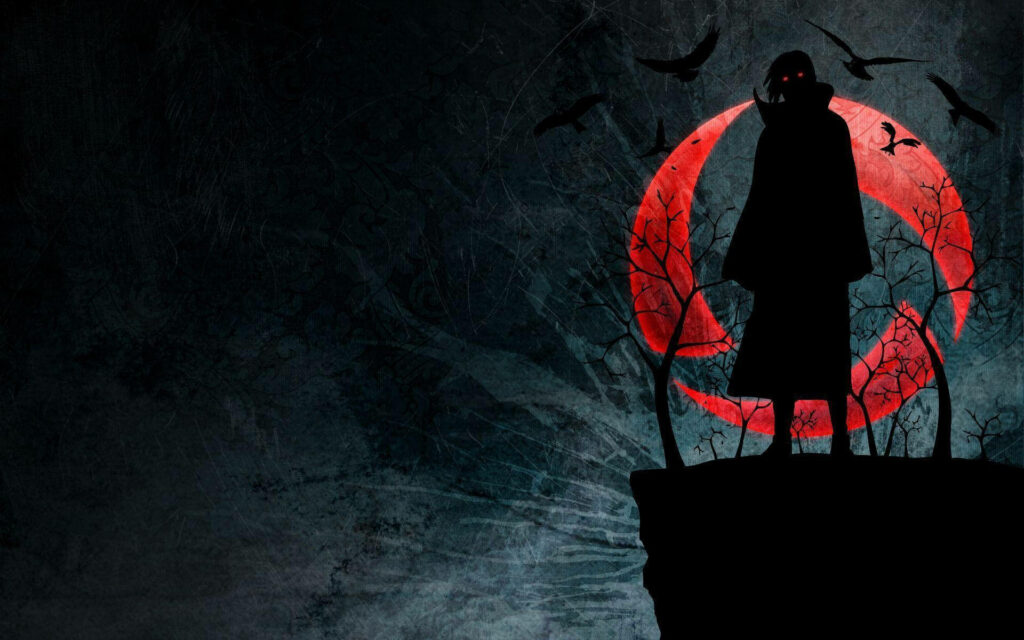 Embracing Darkness: Itachi's Mysterious Encounter at the Cliffside amid Sinister Bats Wallpaper