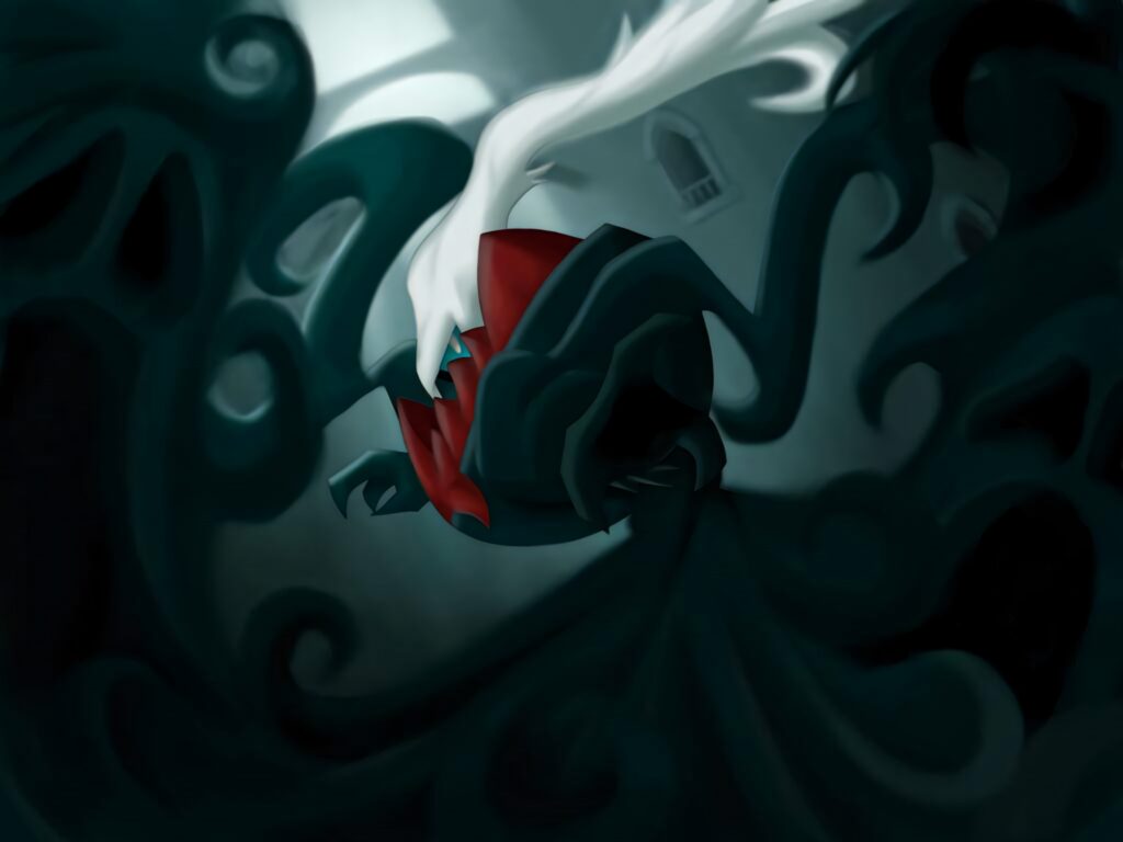 Darkrai rising from swirling shadows dark atmospheric wallpaper featuring nightmare essence background
