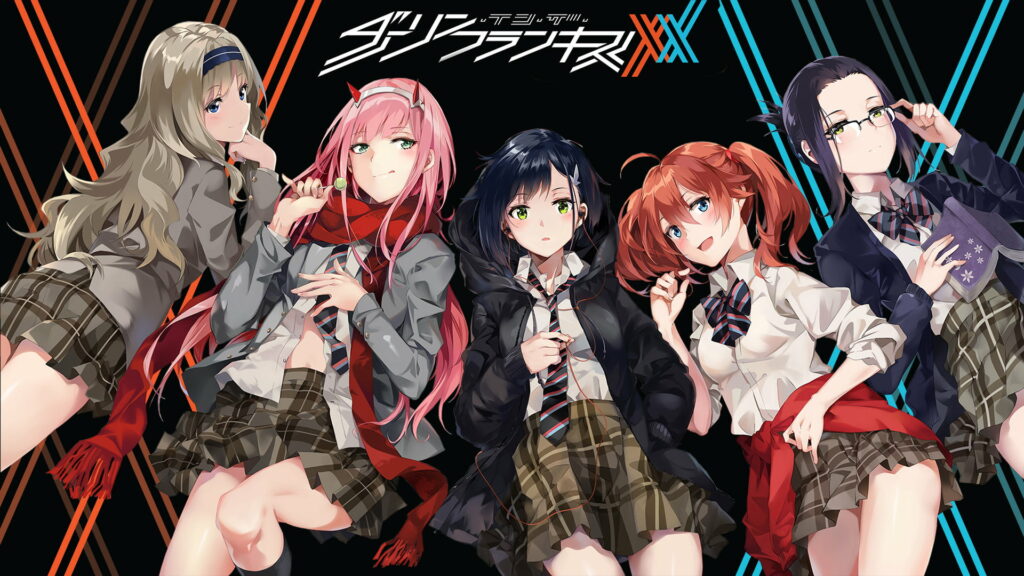 Colorful Ties of Young Love: A Vibrant Fusion of Green, Pink, and Blue in Darling In The FranXX Wallpaper