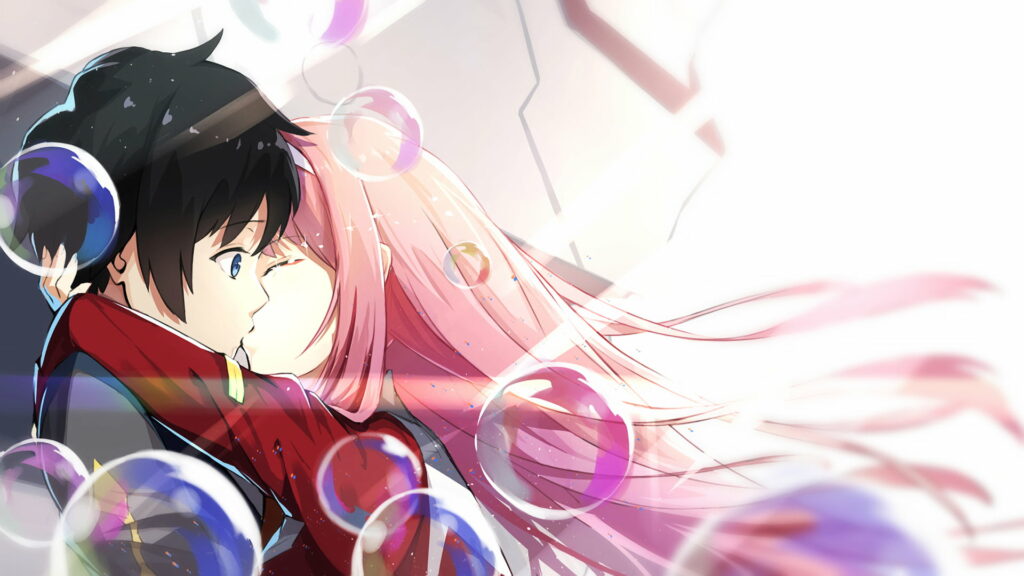 Love Blooms: Hiro and Zero Two Embrace Amidst Watery Serenity in this HD Anime Wallpaper