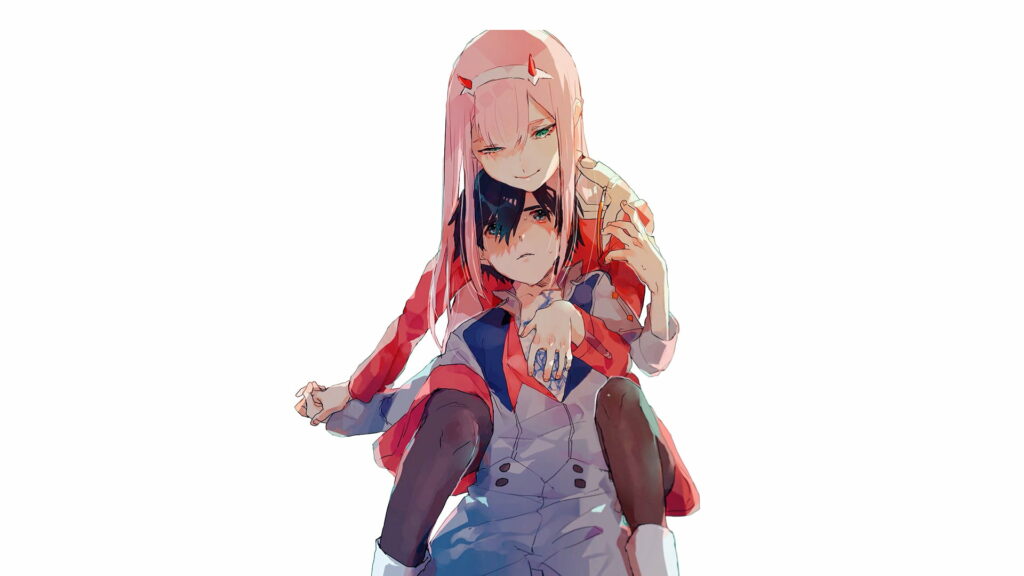 Bound by Love: Hiro Carrying Zero Two Across the Void Wallpaper