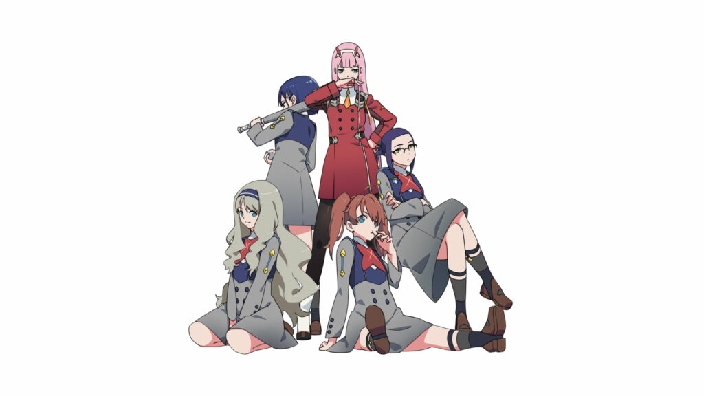 Darling in the FranXX female leads Zero Two Ichigo Ikuno Kokoro Miku minimalist wallpaper