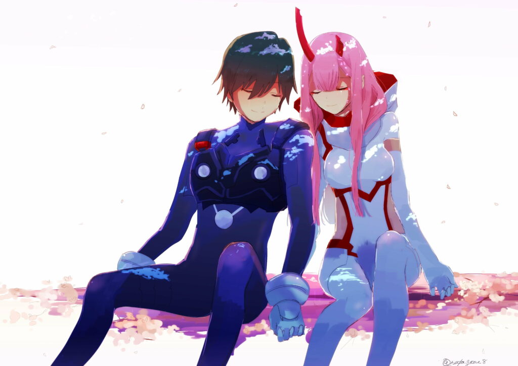Star-crossed Love: Zero Two and Hiro in Mesmerizing 4K Anime Wallpaper