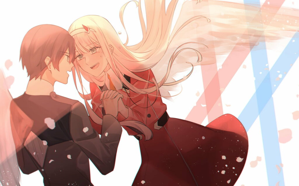 Zero Two and Hiro: The Dynamic Duo of Darling in the FranXX – Captivating Artwork for Protagonist Lovers Wallpaper