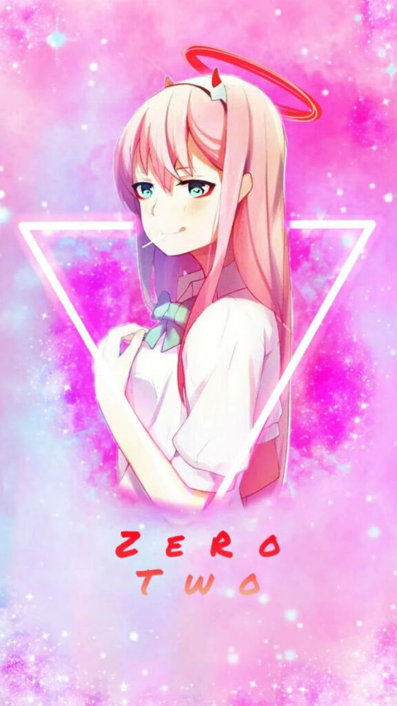 Radiant Zero Two: A Haloed Heroine amidst a Glittering Pink Realm Wallpaper