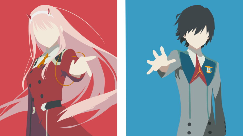 Dynamic Dual: Zero Two and Hiro in Vibrant Anime Artwork Wallpaper