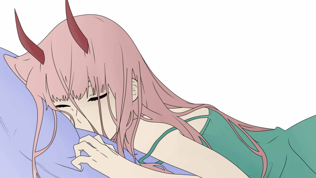 Dreamy Zero Two: Exquisite Darling in the Franxx Character Rests Soundly amidst a Serene, Lush Green Anime Landscape Wallpaper