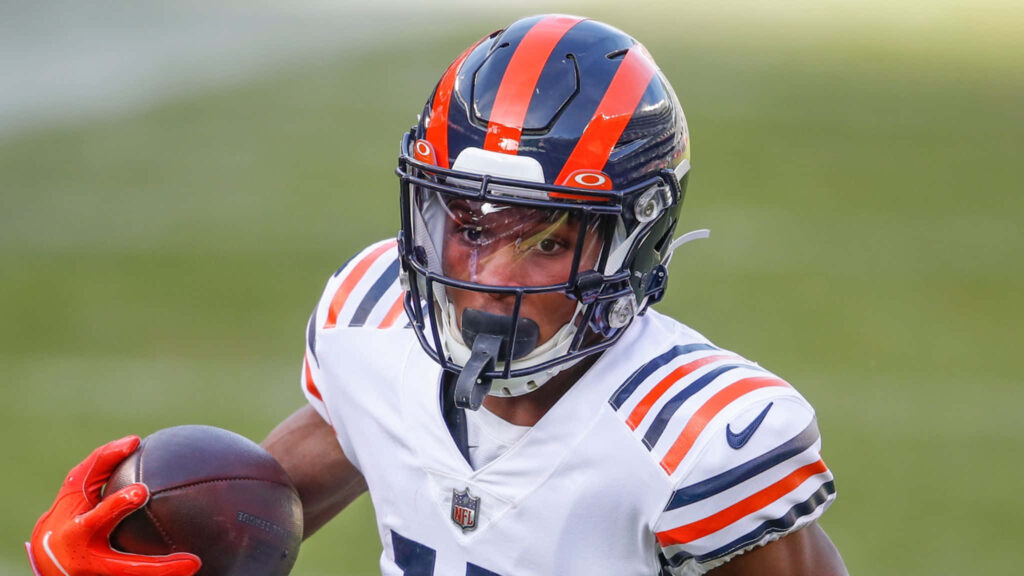 Darnell Mooney running with football in Chicago Bears orange and navy vibrant sports wallpaper