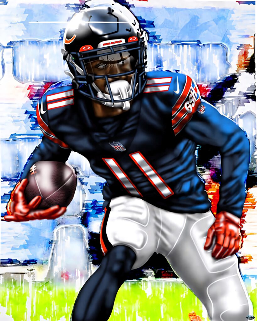 Darnell Mooney in Chicago Bears uniform dynamic motion vibrant blues and oranges football artwork Wallpaper