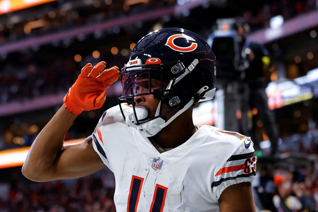 Darnell Mooney Chicago Bears number 11 jersey saluting intense football wallpaper background