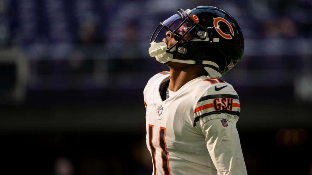 Darnell Mooney Chicago Bears football player in action intense focus vivid stadium wallpaper background