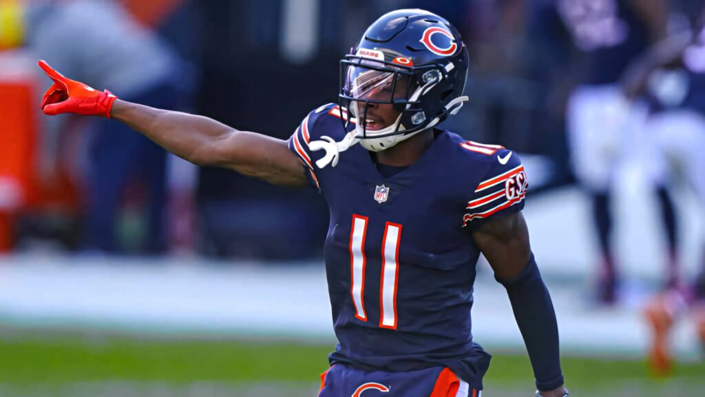 Darnell Mooney Chicago Bears celebrating on field in navy orange uniform vibrant action wallpaper