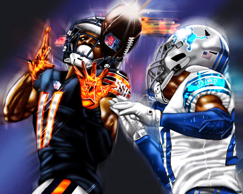 Darnell Mooney intense football catch neon colors dynamic wallpaper bold detailed motion effects
